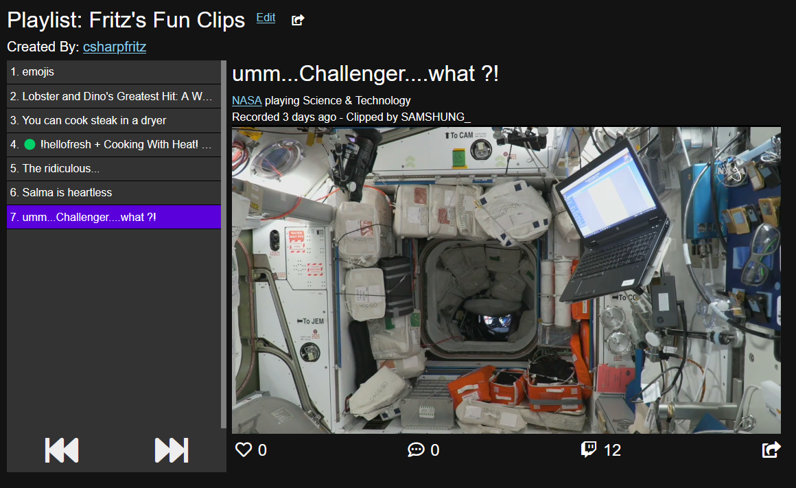 Fritz's Fun Clips playlist, featuring a NASA clip