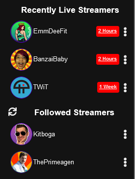 Snippet of Fritz's sidebar showing some streamers that are currently live.