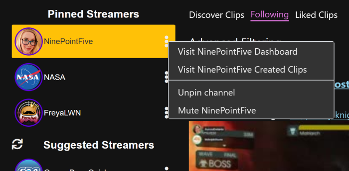 Pinned channels on the sidebar with the context menu to unpin