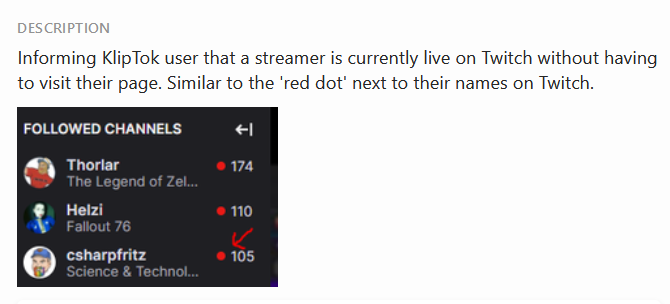 Screenshot from feedback.kliptok.com - Request to add a 'Live' indicator next to channels